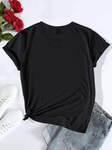 SHEIN LUNE Floral & Letter Graphic Tee - Black - View 2