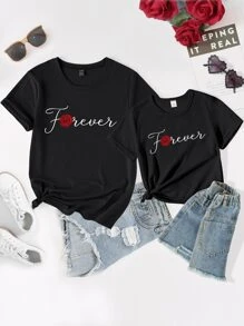 SHEIN LUNE Floral & Letter Graphic Tee - Black - View 3
