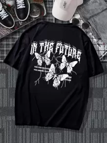 Manfinity LEGND Men T-Shirts Fit Crew Neck Short Sleeve Graphic Tee Butterfly Street Summer Polyester - Black - View 6