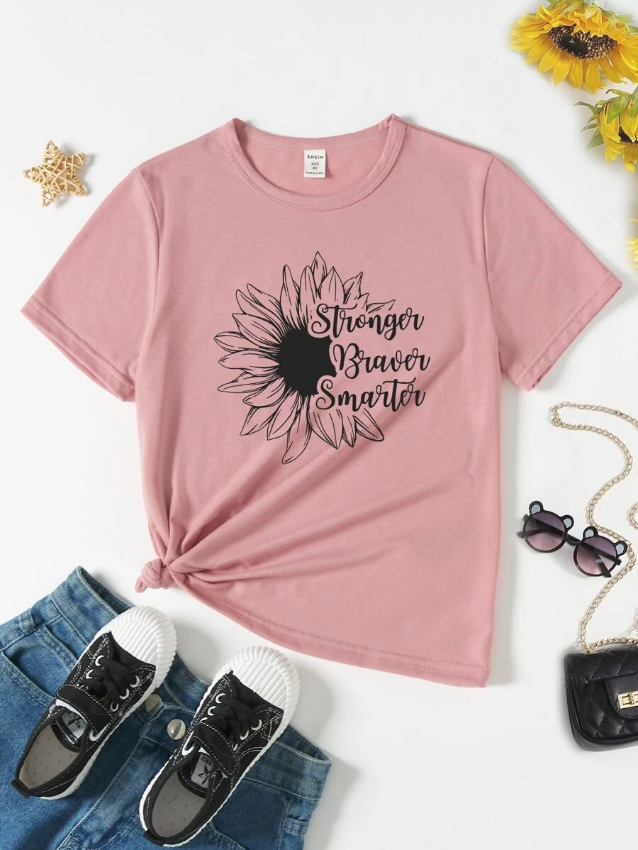 SHEIN Girls 1pc Slogan & Floral Print Tee - Dusty Pink - View 1