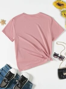 SHEIN Girls 1pc Slogan & Floral Print Tee - Dusty Pink - View 2