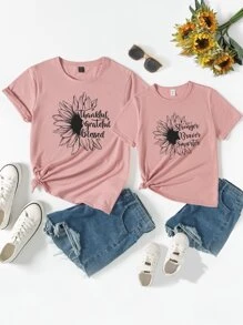 SHEIN Girls 1pc Slogan & Floral Print Tee - Dusty Pink - View 3