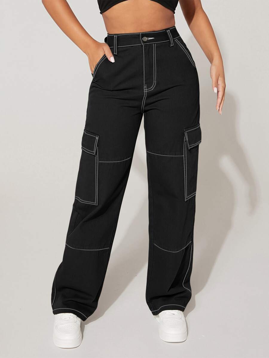 SHEIN PETITE High Waist Flap Pocket Cargo Jeans - Black - View 1