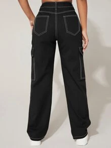 SHEIN PETITE High Waist Flap Pocket Cargo Jeans - Black - View 2