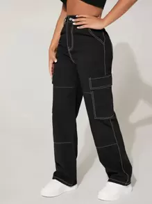 SHEIN PETITE High Waist Flap Pocket Cargo Jeans - Black - View 3