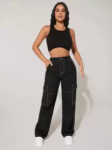 SHEIN PETITE High Waist Flap Pocket Cargo Jeans - Black - View 4