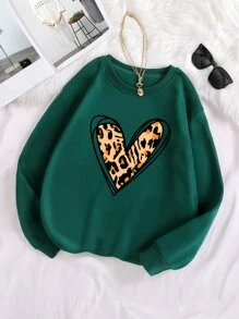 SHEIN LUNE Plus Leopard & Heart Print Thermal Lined Sweatshirt - Dark Green - View 1