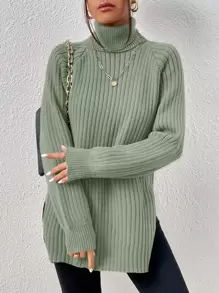 SHEIN Frenchy Green Grain Fabric Turtleneck Raglan Sleeve Split Hem Sweater