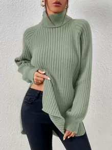 SHEIN Frenchy Green Grain Fabric Turtleneck Raglan Sleeve Split Hem Sweater