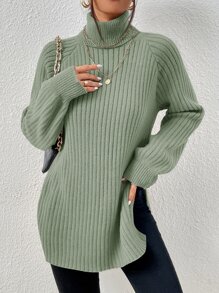 SHEIN Frenchy Green Grain Fabric Turtleneck Raglan Sleeve Split Hem Sweater