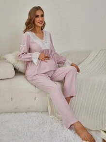 SHEIN 孕婦蕾絲邊荷葉袖上衣和可調節腰圍長褲睡衣套裝 - 淺粉色 - 查看 1