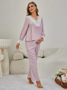 SHEIN 孕婦蕾絲邊荷葉袖上衣和可調節腰圍長褲睡衣套裝 - 淺粉色 - 查看 5