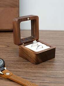 CASEGRACE 1入組方形設計木質戒指盒,簡約木質透明面板設計珠寶盒,家用、情人節女孩女人禮物收納盒 - 白色 - 查看 11