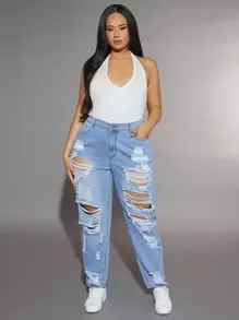 SHEIN SXY Jeans de mamá anchos y rotos de talla grande, estilo 'Old Money' - Lavado ligero - Ver 4