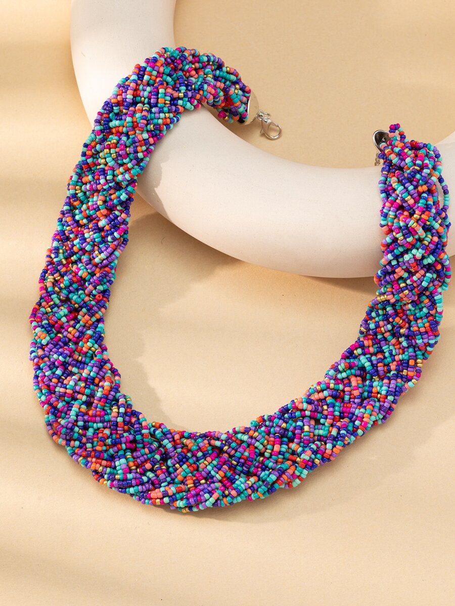 1pc Handmade Chunky Beaded Statement Necklace With Oversized Rice-Shaped Beads, Suitable For Women's Daily Wear - Multicolor - View 1
