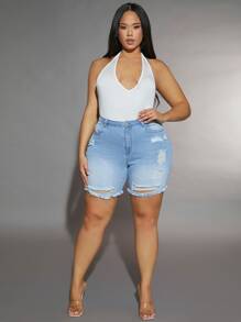 SHEIN SXY 大碼破洞毛邊緣牛仔短褲 - 淺色水洗藍 - 查看 3