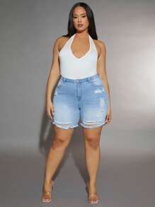 SHEIN SXY 大碼破洞毛邊緣牛仔短褲 - 淺色水洗藍 - 查看 4