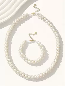 Vòng cổ và vòng tay bạc đính hạt ngọc trai giả - trắng - Xem 1