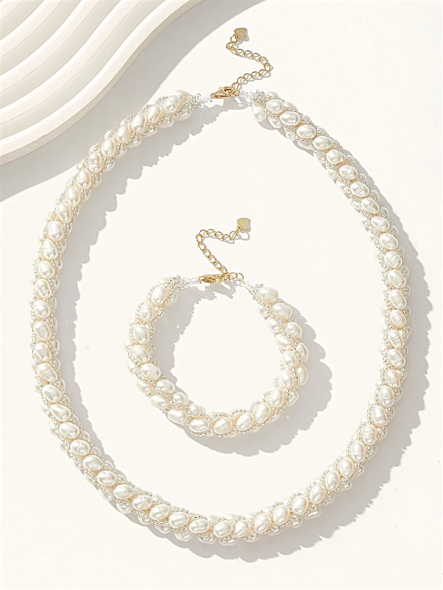 Vòng cổ và vòng tay bạc đính hạt ngọc trai giả - trắng - Xem 1