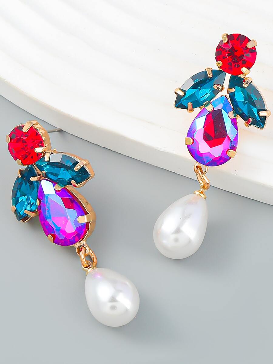 Rhinestone & Faux Pearl Decor Drop Earrings - Multicolor - View 1
