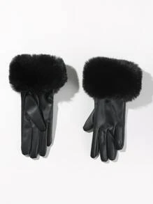 Fluffy Trim Gloves - Black - View 1