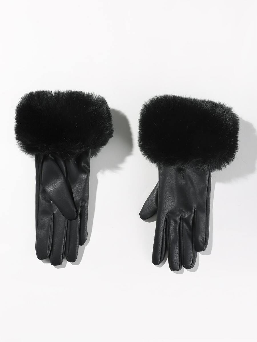 Fluffy Trim Gloves - Black - View 1