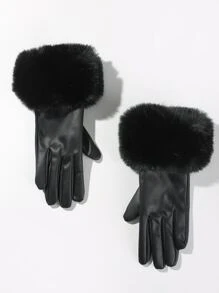 Fluffy Trim Gloves - Black - View 2