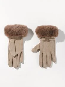 Contrast Fluffy Gloves - Khaki - View 1