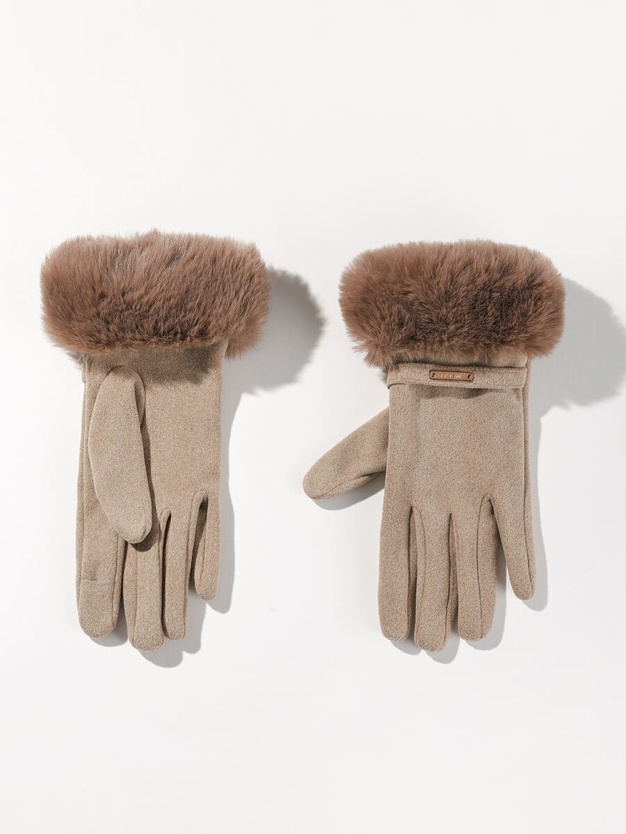 Contrast Fluffy Gloves - Khaki - View 1