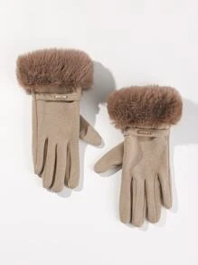 Contrast Fluffy Gloves - Khaki - View 2