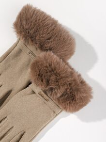 Contrast Fluffy Gloves - Khaki - View 3