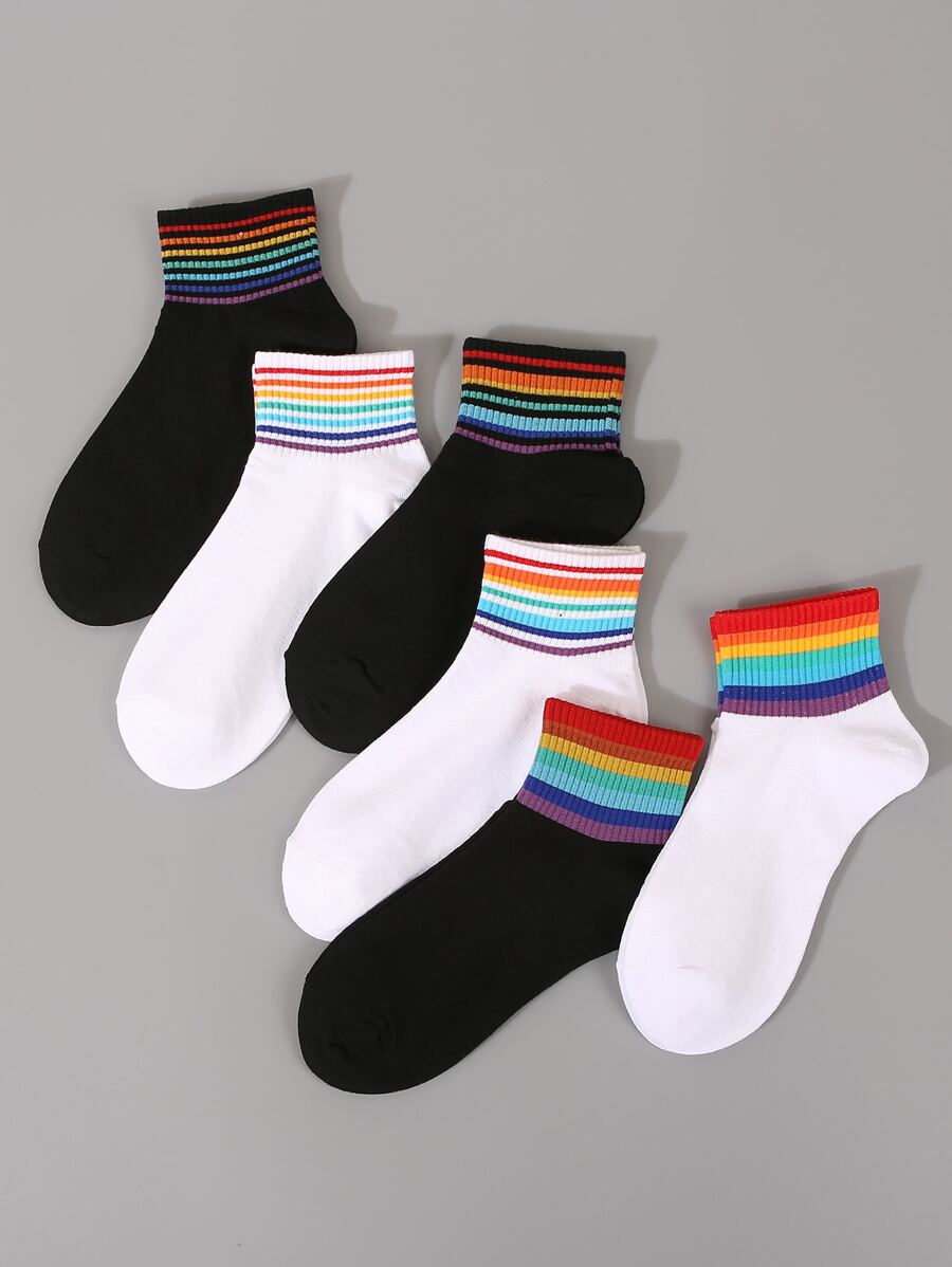 6pairs Rainbow Striped Crew Socks - Multicolor - View 1