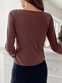 DAZY Ausgeschnittenes Knopfvorderteil Geripptes Strick Langarm Top - Rostbraun - Übersicht 2