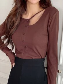 DAZY Ausgeschnittenes Knopfvorderteil Geripptes Strick Langarm Top - Rostbraun - Übersicht 3