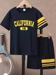 Boys Striped & Letter Graphic Tee & Shorts - Navy Blue - View 1