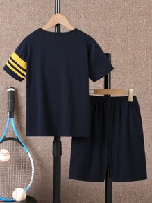 Boys Striped & Letter Graphic Tee & Shorts - Navy Blue - View 2