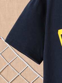 Boys Striped & Letter Graphic Tee & Shorts - Navy Blue - View 3