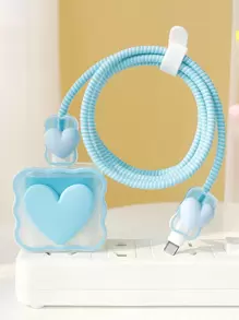 5pcs Heart Decor Data Cable Protector & Charger Head Cover Set - Blue - View 2