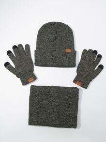 MAKEFGE 1pair Unisex Letter Patch Decor Fashionable Gloves & 1pc Beanie & 1pc Infinity Scarf For Winter - Grey - View 1