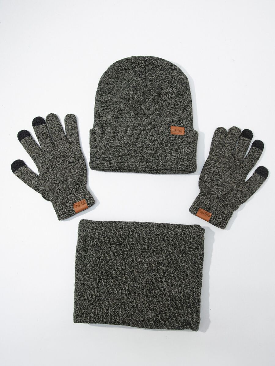 MAKEFGE 1pair Unisex Letter Patch Decor Fashionable Gloves & 1pc Beanie & 1pc Infinity Scarf For Winter - Grey - View 1