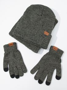 MAKEFGE 1pair Unisex Letter Patch Decor Fashionable Gloves & 1pc Beanie & 1pc Infinity Scarf For Winter - Grey - View 2