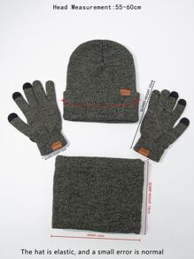 MAKEFGE 1pair Unisex Letter Patch Decor Fashionable Gloves & 1pc Beanie & 1pc Infinity Scarf For Winter - Grey - View 3