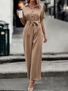 SHEIN LUNE 雙口袋蝙蝠袖腰帶襯衫連體褲