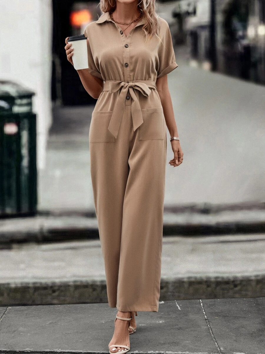 SHEIN LUNE 雙口袋蝙蝠袖腰帶襯衫連體褲