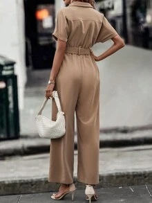 SHEIN LUNE 雙口袋蝙蝠袖腰帶襯衫連體褲