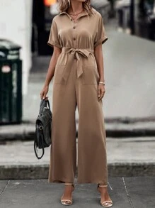 SHEIN LUNE 雙口袋蝙蝠袖腰帶襯衫連體褲