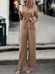 SHEIN LUNE 雙口袋蝙蝠袖腰帶襯衫連體褲