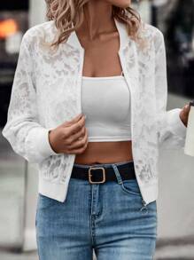 SHEIN Clasi Floral Jacquard Zip Up Bomber Jacket - White - View 1