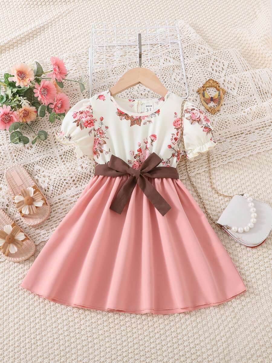 SHEIN 小女童印花泡泡袖繫腰帶洋裝