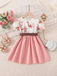 SHEIN 小女童印花泡泡袖繫腰帶洋裝